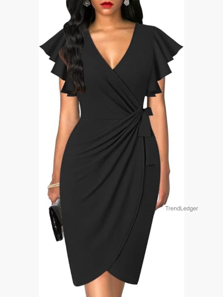 Deep V Neck Ruffle Sleeve Faux Wrap Sheath Dress